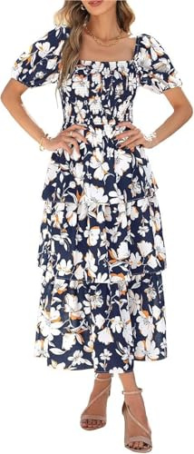Womens Square Neck Smocked Dress Summer Puff Short Sleeve Floral Casual Ruffle Tiered Flowy Maxi Wedding Guest Dresses(Natural,X-Large)