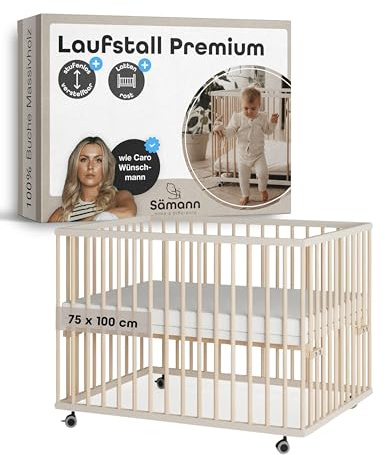 Sämann Laufstall Baby mit Lattenrost | stufenlos höhenverstellbar | Laufgitter Premium | Babybett aus Holz | Krabbelgitter (sahara dust/natur, 75x100 cm)
