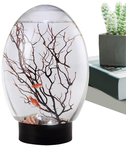 Desk Aquarium Bowl, LED Lighted Tank, Aquaponic Planter with Fan Tree Ornament, Small Indoor Aquatic Garden for Home, Studio, Office Decor 7.09x4.72 inches