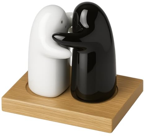 Saleros de cocina de abrazo, saleros de mesa de cerámica, set salero y pimentero color blanco y negro con forma de fantasmita, apto para salero y azucarero cocina (Salero con base madera)