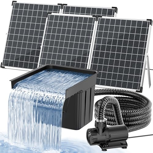 POPOSOAP Cascada Solar para Estanque con Panel Solar de 100W y Bomba de 4500 L/h, Tubo Corrugado de 3m, Material Filtrante, Cascada para Estanque de Jardín Exterior, Arroyos