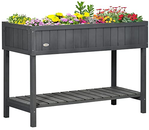 Outsunny Wooden Herb Planter with 8 Pocket, Raised Bed Container Garden Planter Boxes, 110L x 46W x 76Hcm, Dark Grey