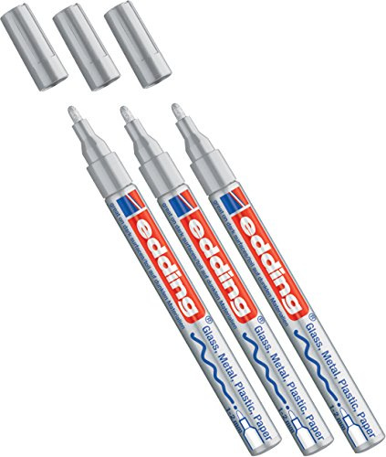 Edding Glanz-Lack-Marker - Rundspitze - Kreatives Gestalten von fast allen Oberflächen (z.B. Glas, Karton, dunkles Papier, Keramik, Stein) (1-2 mm, silber, 3)