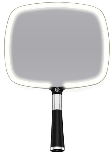 MIRRORVANA Miroir de maquillage de voyage éclairé – Miroir de poche 2 en 1 à DEL avec 3 modes d'éclairage, support amovible et poignée confortable – 22,9 x 33 cm (noir)