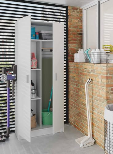 Dmora - Armadio multiuso 2 ante Charleston, Mobile porta scope, Scarpiera con ripiani, Guardaroba porta scarpe, cm73x37h180 cm, Bianco