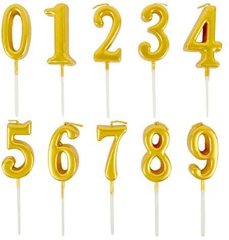 Feelairy 10 Piezas Números de Velas de Pastel Cumpleaños, Número de Velas Número de Velas Vela 0-9 Topper Pastel de Brillo Feliz Cumpleaños Topper de Pastel para Fiesta Pastel Cumpleaños (Oro)