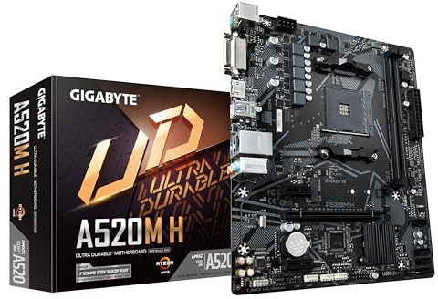 Gigabyte A520M H Motherboard - Supports AMD Ryzen 5000 Series AM4 CPUs, 4+3 Phases Pure Digital VRM, up to 5100MHz DDR4 (OC), PCIe 3.0 x4 M.2, GbE LAN, USB 3.2 Gen 1