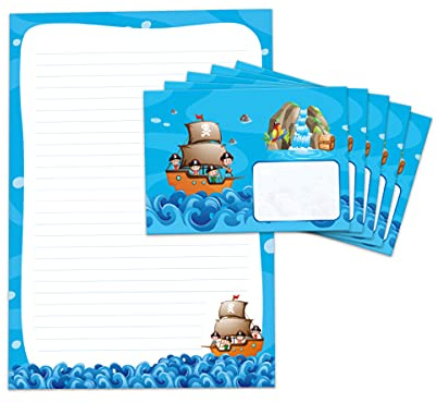 Briefpapier-Set für Kinder Piraten Briefblock liniert mit Umschlägen Umschlag Mädchen Jungen Jungs (Block A4 mit 25 Blätter + 15 Umschläge)