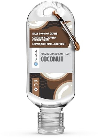 Palm Safe Coconut 60ml Anti Bacterial Premium Hand Sanitiser Travel Size Refillable Clip Bottle Quick Drying Non Sticky Extra Moisturising Kills 99.9% of Viruses and Bacteria