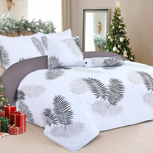 Imperial Rooms Double Duvet Set Soft Printed Bedding Set Brushed Microfiber Duvet Cover with Pillowcases (Leaf 200x200 CM)