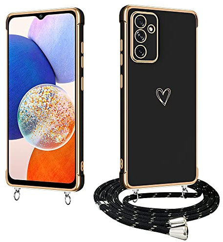E-Lush Handyhülle für Samsung Galaxy A14 5G / 4G Hülle mit Band, Herz Love Muster Galvanik Silikon Handy Hülle für Samsung A14 Schutzhülle mit Kordel zum Umhängen Kameraschutz Stoßfeste Case, Schwarz