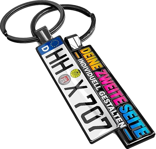 SONZE Individueller Schlüsselanhänger Nummernschild beidseitig personalisiert mit Kennzeichen & Name Wunschtext Bild Foto - Personalisierte Geschenke für Autoliebhaber Geschenkideen für Autofans