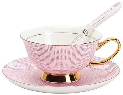 Eplze Bone China Cup& Saucer Set, 6.8oz - Embossed Texture (Pink)