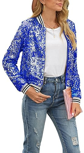 Felcia Damen Zip Up Jacke Casual Glänzende Pailletten Leichte Jacke Langarm Cardigan Party Kostüm