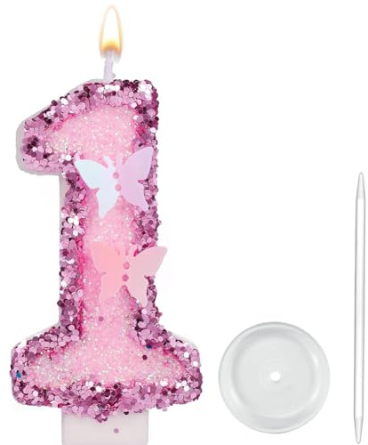 Number Birthday Candle, Pink Sequins Glitter Butterfly Birthday Number Candle Cake Topper for Anniversary and Birthday Celebrations Supplies (Number 1)