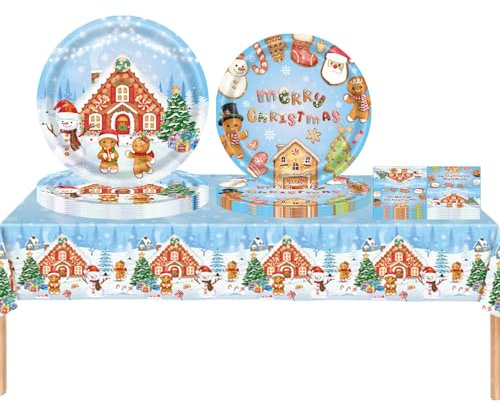 Lot de 53 décorations de fête de Noël, motif bonhomme de pain d'épices bleu, assiettes en carton de 17,8 cm, serviettes en papier, assiettes de 22,9 cm pour pique-nique de Noël, fournisseur de fête de