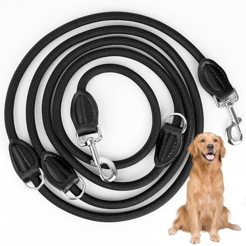 verstellbare Hundeleine für 2 Hunde - Umhängeleine Doppelleine mit 2 Karabiner und 3 Ringen perfekt für große & mittelgroße Hunde durch die Extreme Kraft bis 200 kg - schwarz (3m)