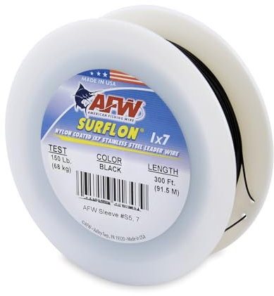 AFW American Fishing Wire Surflon, Nylonbeschichteter Edelstahlvorfachdraht, 68 kg getestet, 104,1 cm Durchmesser, Schwarz, 91,4 m