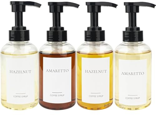 DRERIO 4 pezzi Dispenser per sciroppo di caffè, 300 ml, Dispenser a pompa per sciroppo di caffè, trasparente, piccolo dispenser per disinfettante per le mani, bottiglia di plastica riutilizzabile