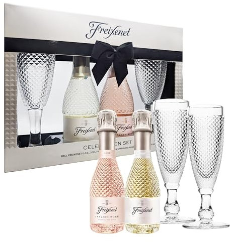 Sparkling Wine Celebration Gifts for Couples - Extra Dry Wine 20cl, Rose Sparkling Wine 20cl & Two Flute Glasses. Great for Birthday Gifts, Christmas Gifts for Women