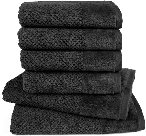 Pure Label Handtuch Set 6tlg 2xDusch 4xHand Schwarz | 100% Baumwolle, weich & saugstark - Waschbar bis 60∘C, trocknergeeignet