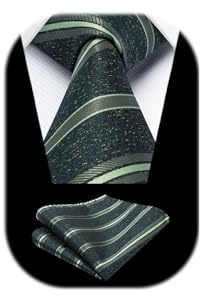 HISDERN Set de Corbata y Pañuelo de Bolsillo Verde para Fiesta Formal de Negocios a Rayas