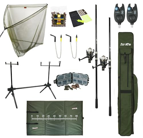 FISH-XPRO Karperset - Komplette Angelausrüstung für Karpfenangler - Rute, Rolle, Bissanzeiger, Swinger & Mehr - Hochwertiges Set für Anfänger und Experten - Inklusive Futteral