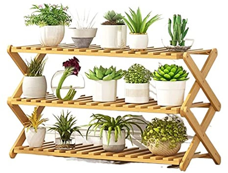 REEKOS Pflanzenregal Blumenständer Pflanzenständer Bambus-Holz-Pflanzenregal, Faltbarer Blumenständer, Innenständer, Heimterrasse, Garten Blumenregal Blumentreppe(38 * 31 * 80cm)