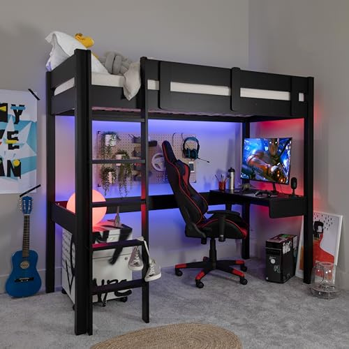 Noa and Nani Storm Gaming High Sleeper Cabin Bed | Solid Pine Single 3ft Loft Bed with Desk and Gaming Area | Space Saving Kids Bedroom | Black