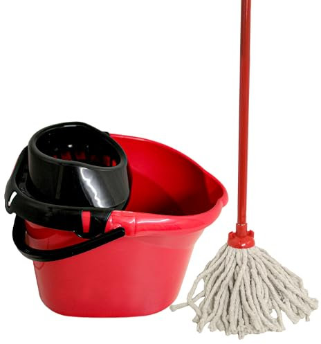 KMJ Red Heavy Duty Mop and Buckets Sets (2 Mop Heads & 1 Steel Pole) with Detachable Wringer-Classic Plastic Mop and Bucket-Sturdy Plastic Buckets and Floor Mops-Super Absorbant Microfibre Cotton Mops