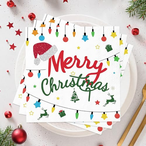 Wentsent Servietten Weihnachten Rot Grün, 100Stück Weihnachtsservietten mit Weihnachten Bunte Lichterketten Merry Christmas Motiv 3-lagig Einweg Servietten Tischdeko für Silvester Winter Geburtstag
