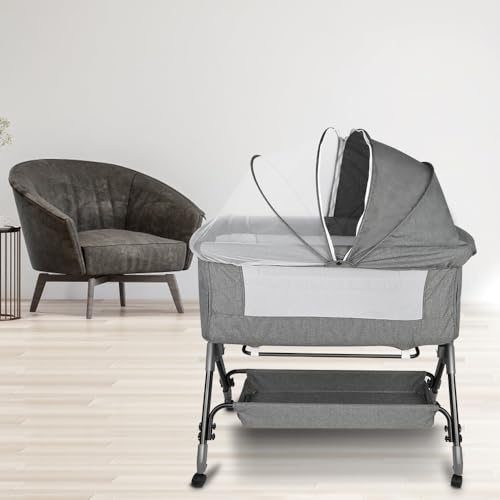 HUOLE 3 in 1 Beistellbett & Babywiege & Reisebett, 4-stufig Höhenverstellbares Babybett, neigbar, Kinderbett, Stubenwagen für Babys bis 25kg belastbar-104 * 52 * 100-110cm – Leinengrau