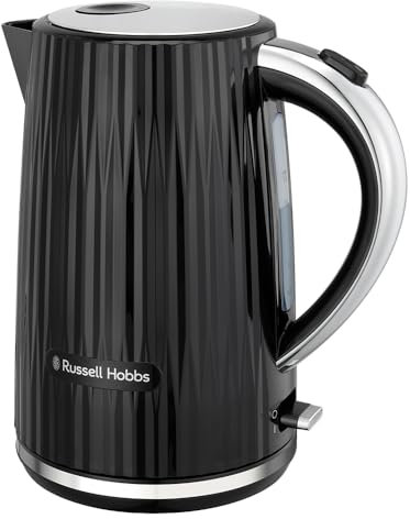 Russell Hobbs Hervidor de Agua Eléctrico, para agua caliente, té o café, 1,7 l, tapa de apertura por presión, filtro extraíble y lavable, detalles cromados, negro, 2400 W, Eden 27360-70