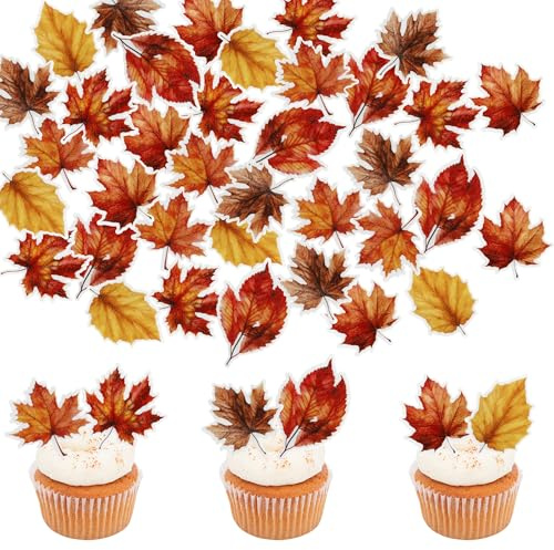 Xsstarmi 48 Pack Fall Leaves Cupcake Toppers Wafer Paper Autumn Maple Leaves Cupcake Picks Edible Leaf Cupcake Decorations for Thanksgiving Baby Shower Birthday Party Cake Decor Supplies