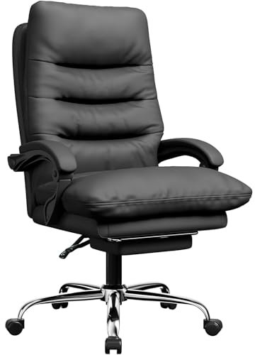 Naspaluro Ergonomischer Bürostuhl mit Fußstütze, Schreibtischstuhl mit Doppellagigem Kissen, Hoher Rückenlehne, Chefsessel mit Liegefunktion, Höhenverstellbar, PU-Leder Computerstuhl Bis 150kg Schwarz