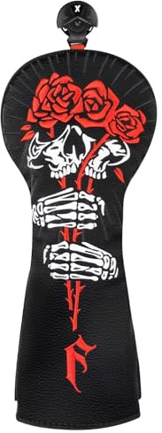 Golfschlägerhauben Fairwayholz FW mit austauschbarem Nummernschild 3457X Gummibandverschluss schwarz PU-Leder Totenkopf Rosenmuster