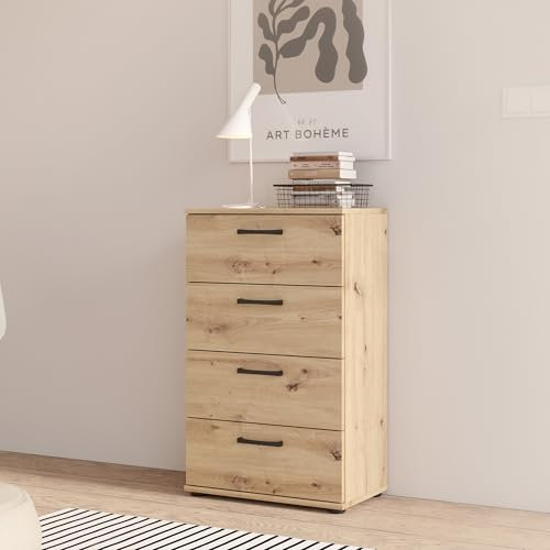 FORTE NIKO Kommode 50, Hohe Kommode mit 4 Schubladen, Highboard modern, Holzwerkstoff, Artisan Eiche Holzdekor, 50,2 cm breit x 81,7 cm hoch x 29,1 cm tief