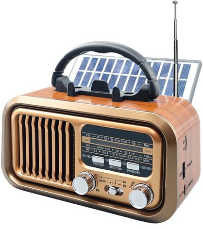 Paeiope Portable Vintage Retro Radio AM FM with Excellent Reception, Transistor Shortwave Radio Rechargeable, D Battery or Solar Powered, Music Speaker Support Mirco SD/TF Card USB Player