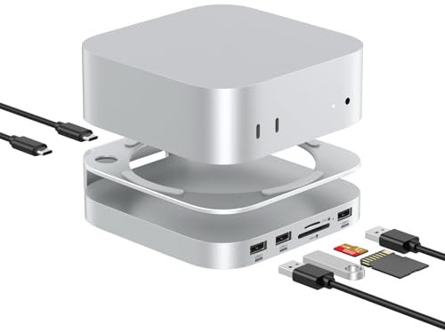 AKKYAJAURE Mac Mini Hub - 9 in 1 Aluminum Stand and Dock for M4/M4 Pro with M.2 NVMe SSD Enclosure, 10Gbps USB-A, SD/TF Card Readers | 2024 Accessories