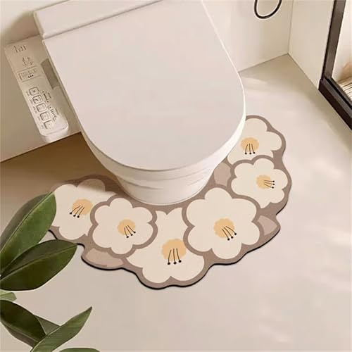 Highdi Tapis de Toilette U, Motif Fleur Tapis Toilette WC/Sol/Contour Diatomite Sechage Rapide Absorbant Antidérapant Lavable Facile à Nettoyer (Floral,60x35cm)