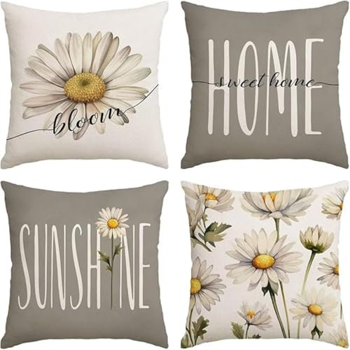 Kissenbezüge 4er Set 80x80cm Dekorative Kissenhülle, Leinen Zierkissenbezüge mit unsichtbarem Reißverschluss, Weich Kissen Bezug Zierkissen für Sofa Zuhause Dekor, Graues Gänseblümchen SD3810