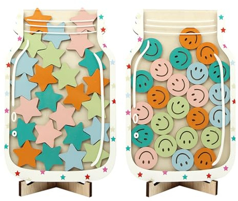 Kitchnexus 2 Stück Magnetische Kinder Belohnungsglas, Holz Kinder Belohnungssystem mit 25 Sternen und Smiley Holzblock, Für Schulen und Familien