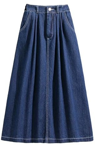 Adhdyuud Falda de mezclilla azul de cintura alta elástica para mujer, casual, moderna, acampanada, midi, jeans, Azul oscuro, XL