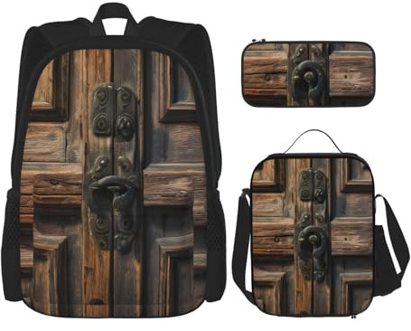 OXKGHHO Juego de mochila de trabajo rústica con estampado de puerta de madera antigua con lonchera aislada, correas ajustables, para gimnasio y uso diario, Negro -, Talla única