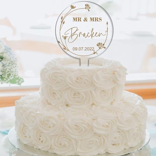 Personalised Acrylic Cake Topper for All Marriages – Custom Title, Surname & Date with Floral Gold Design - Mr & Mrs, Mr & Mr, Mrs & Mrs Keepsake