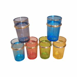 Juego de 6 Vasos de Té Marroquí, Cristal Multicolor con Borde Dorado