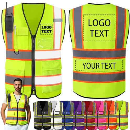 Morlavid Gilet Haute Visibilité Personnalisable avec Logo Gilet de Sécurité Personnalisé avec Poche 2 Bicolores pour le Travail,Yellow
