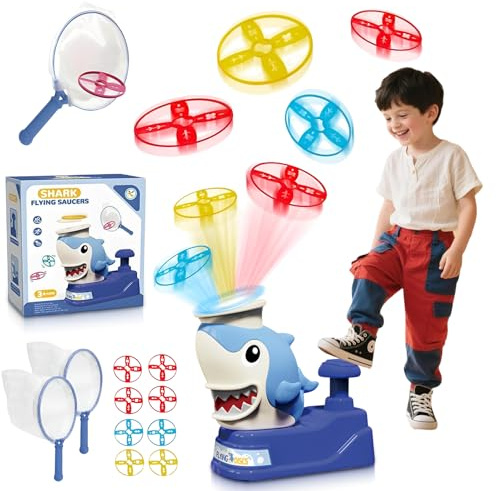TAIZER Juegos Exterior Niños, Juguetes de Exterior para Niños de 3 a 10 Años, Juegos Jardin, Juguetes Lanzadiscos Voladores, Bonita Forma de Tiburón, Regalo para Niños