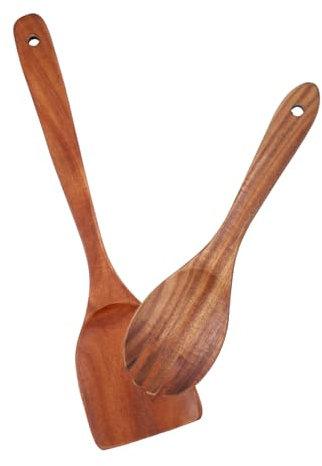 PartyKindom Wooden Long Handle Spatula Salad Servers Mixing Cooking Utensil Salad Bowl Servers