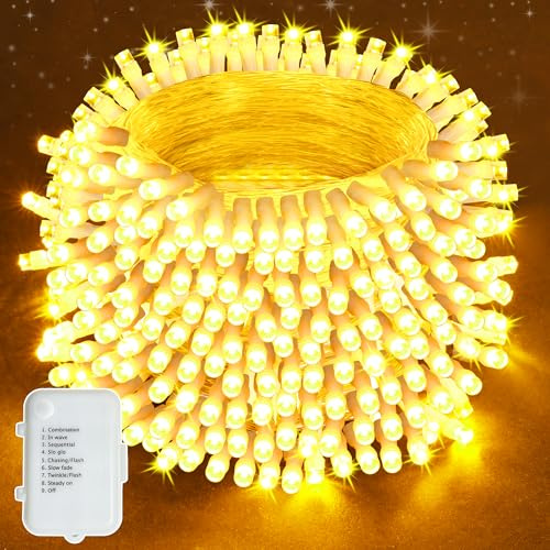 Lighprenix Lichterkette Außen Batterie - 20M 200LEDs Lichterkette Weihnachtsbaum mit 8 Modi Timer, IP44 Wasserdicht Warmweiß Lichterkette Innen für Balkon Zimmer (klarer Draht, 200LEDs)